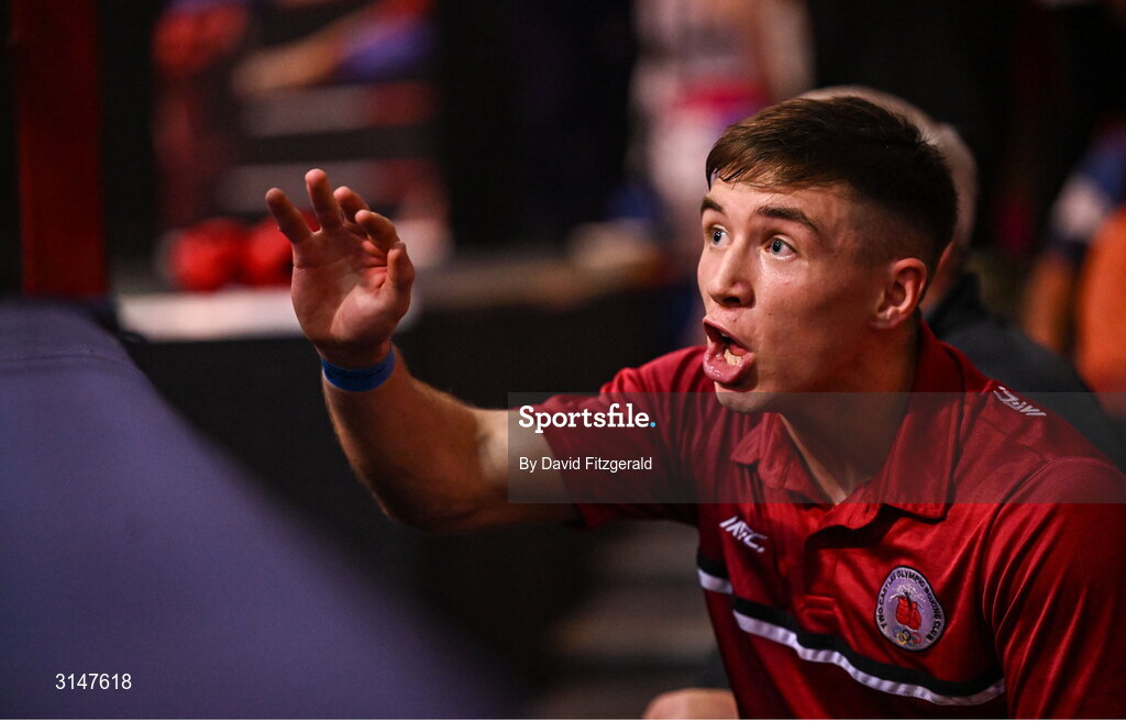 30 May 2025; Boxer Jude Gallagher watches on in the corner of Conan McSorley of Two Castles BC during his bout at the 2025 National Senior Cadet Championship Finals at the National Boxing Stadium in Dublin. Photo by David Fitzgerald/Sportsfile