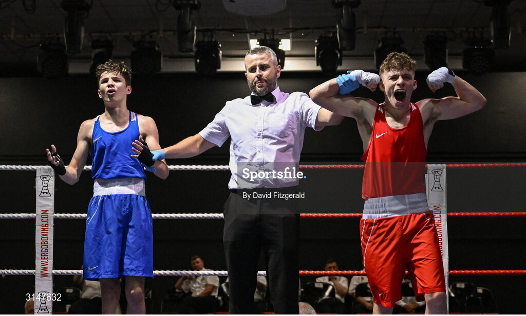 30 May 2025; Conan McSorley of Two Castles BC, right, celebrates after winning his bout against Michael McDonagh of Avona BC during the 2025 National Senior Cadet Championship Finals at the National Boxing Stadium in Dublin. Photo by David Fitzgerald/Sportsfile