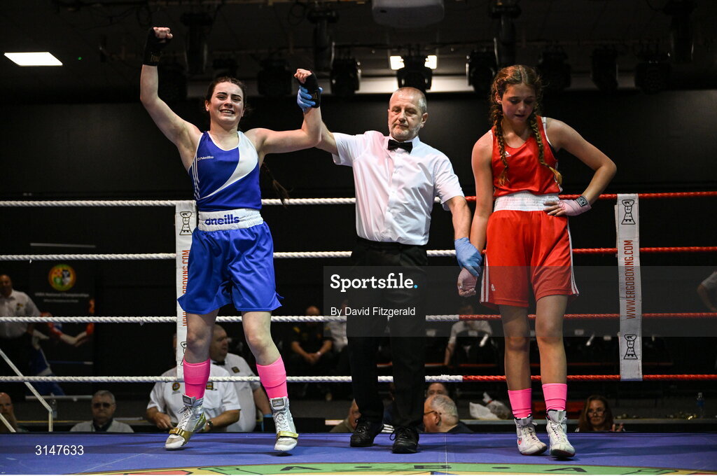 30 May 2025; Vanessa Doyle of Templemore BC celebrates after winning her bout against Caoimhe Desmond of Fr Horgan's BC during the 2025 National Senior Cadet Championship Finals at the National Boxing Stadium in Dublin. Photo by David Fitzgerald/Sportsfile