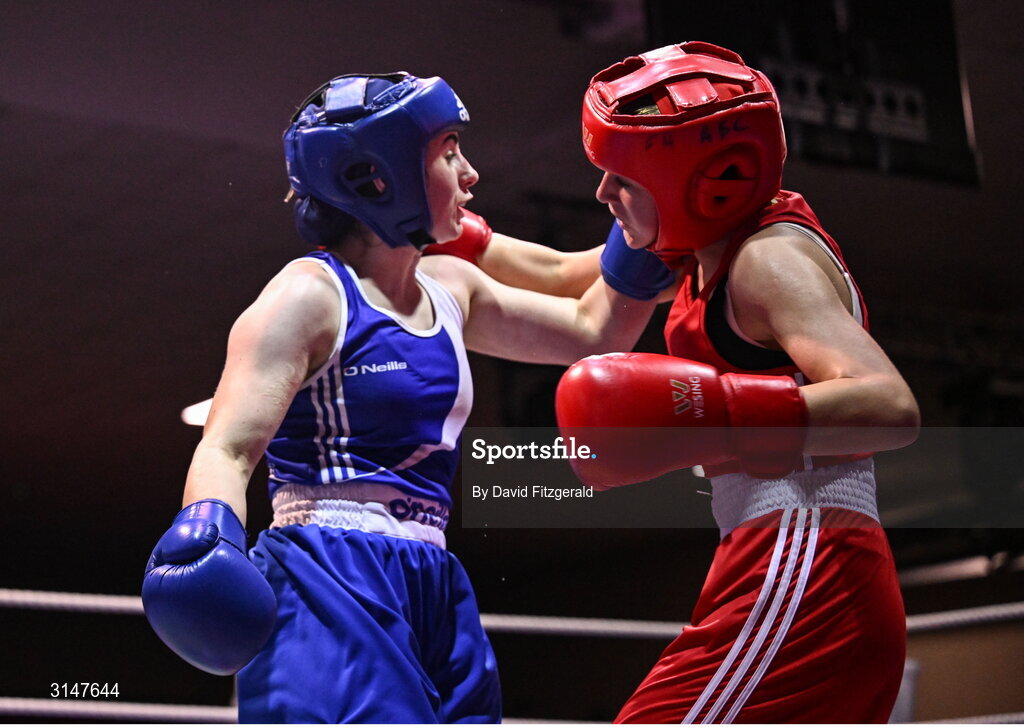 30 May 2025; Vanessa Doyle of Templemore BC, left, in action against Caoimhe Desmond of Fr Horgan's BC during their bout at the 2025 National Senior Cadet Championship Finals at the National Boxing Stadium in Dublin. Photo by David Fitzgerald/Sportsfile