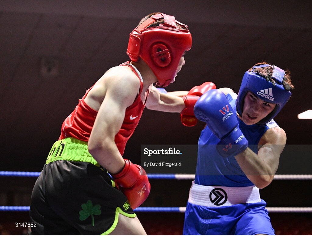 30 May 2025; Kalib Walshe of Waterford CBS, right, in action against John Nevin of Olympic G during their bout at the 2025 National Senior Cadet Championship Finals at the National Boxing Stadium in Dublin. Photo by David Fitzgerald/Sportsfile