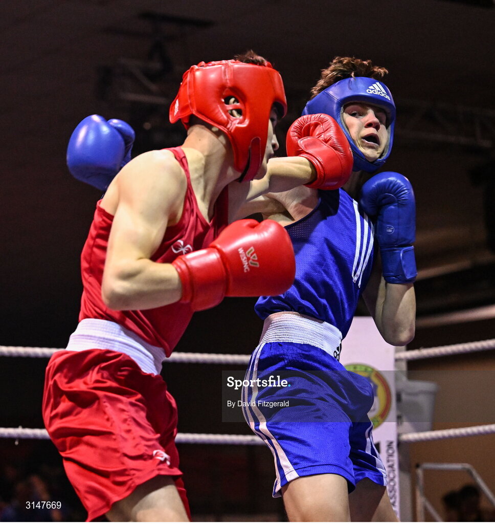 30 May 2025; Kian O’Sullivan of Conamara BC, right, in action against Jason Donoghue of Olympic L during their bout at the 2025 National Senior Cadet Championship Finals at the National Boxing Stadium in Dublin. Photo by David Fitzgerald/Sportsfile