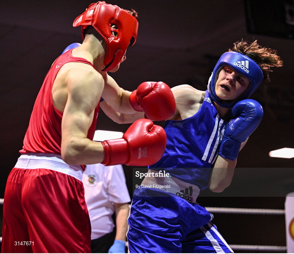 30 May 2025; Kian O’Sullivan of Conamara BC, right, in action against Jason Donoghue of Olympic L during their bout at the 2025 National Senior Cadet Championship Finals at the National Boxing Stadium in Dublin. Photo by David Fitzgerald/Sportsfile