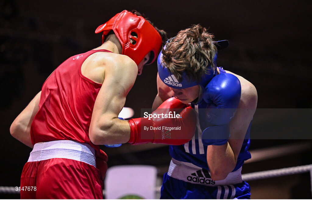 30 May 2025; Kian O’Sullivan of Conamara BC, right, in action against Jason Donoghue of Olympic L during their bout at the 2025 National Senior Cadet Championship Finals at the National Boxing Stadium in Dublin. Photo by David Fitzgerald/Sportsfile