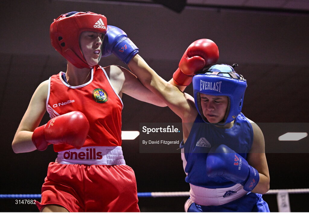 30 May 2025; Claire Crowley of St Martha's BC, left, in action against Ruby Cullen of Drimnagh BC during their bout at the 2025 National Senior Cadet Championship Finals at the National Boxing Stadium in Dublin. Photo by David Fitzgerald/Sportsfile