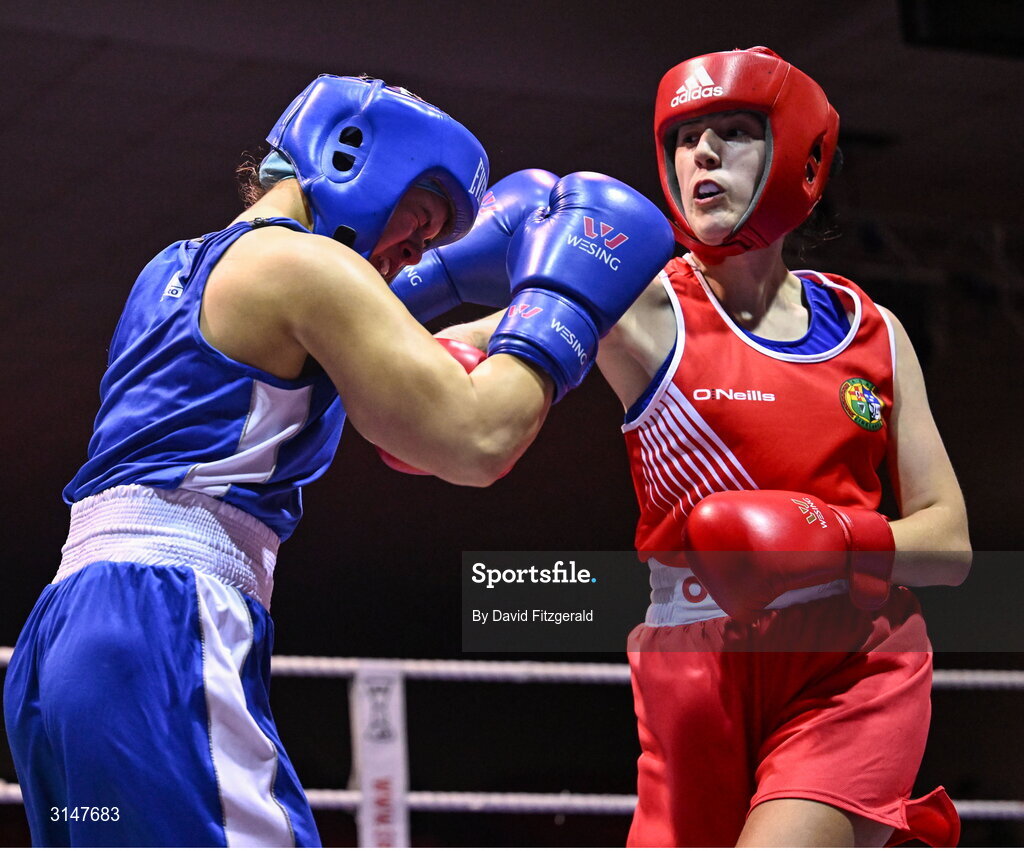 30 May 2025; Claire Crowley of St Martha's BC, right, in action against Ruby Cullen of Drimnagh BC during their bout at the 2025 National Senior Cadet Championship Finals at the National Boxing Stadium in Dublin. Photo by David Fitzgerald/Sportsfile