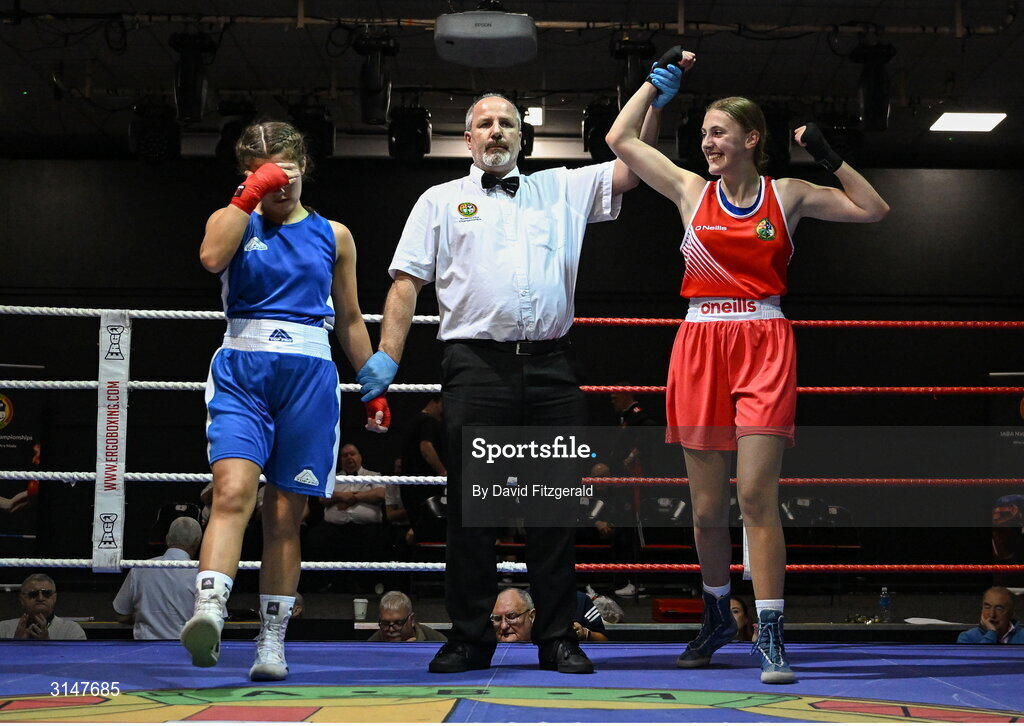 30 May 2025; Claire Crowley of St Martha's BC, right, celebrates after winning her bout against Ruby Cullen of Drimnagh BC during the 2025 National Senior Cadet Championship Finals at the National Boxing Stadium in Dublin. Photo by David Fitzgerald/Sportsfile