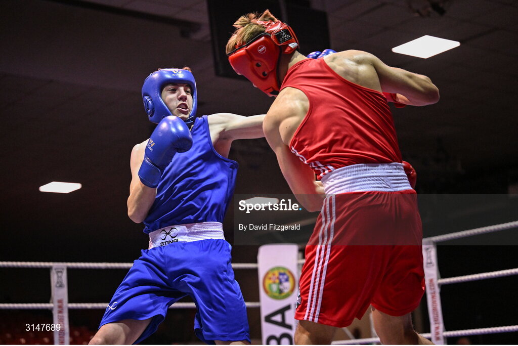 30 May 2025; Lorcan Holohan of Portlaoise BC, left, in action against Phoenix Kenny of Baldoyle BC during their bout at the 2025 National Senior Cadet Championship Finals at the National Boxing Stadium in Dublin. Photo by David Fitzgerald/Sportsfile