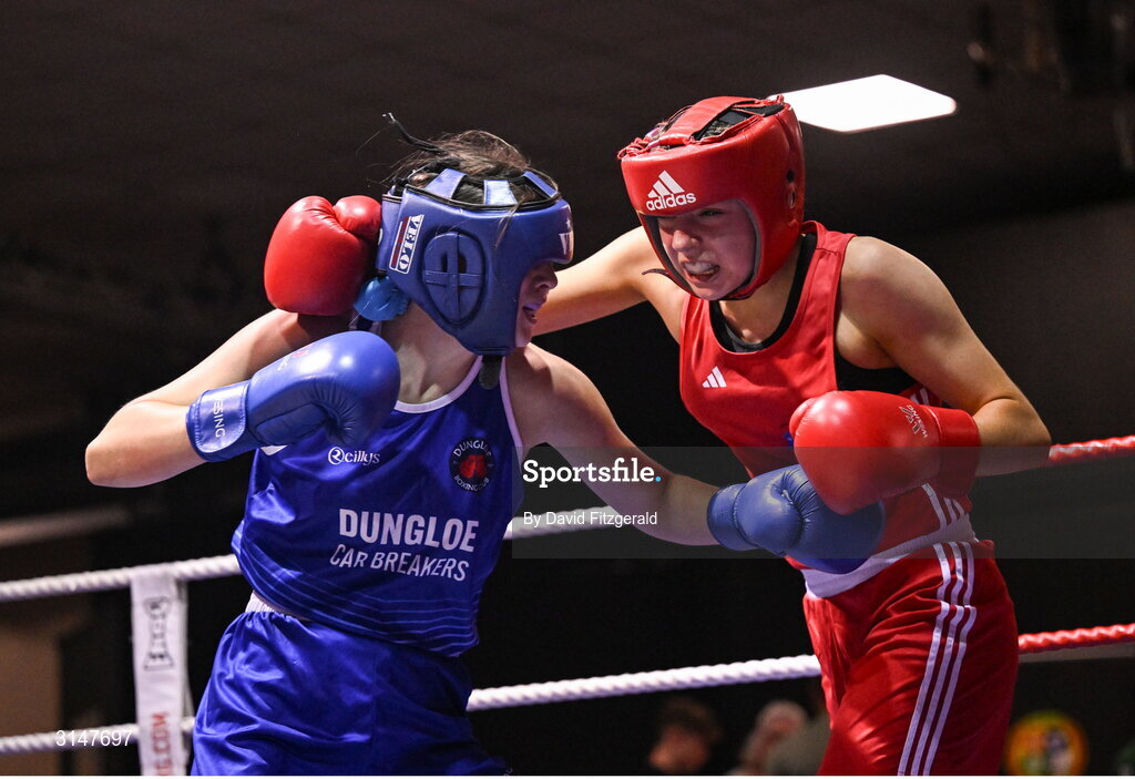 30 May 2025; Ella Leonard of Monivea BC, right, in action against Alesha Mullis Boyle of Dungloe BC during their bout at the 2025 National Senior Cadet Championship Finals at the National Boxing Stadium in Dublin. Photo by David Fitzgerald/Sportsfile