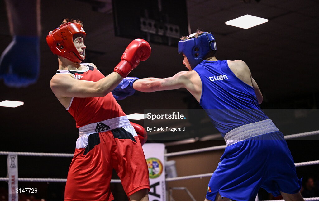 30 May 2025; Niall O’Driscoll of Muskerry BC, left, in action against Darren O’Toole of Jobstown BC during their bout at the 2025 National Senior Cadet Championship Finals at the National Boxing Stadium in Dublin. Photo by David Fitzgerald/Sportsfile