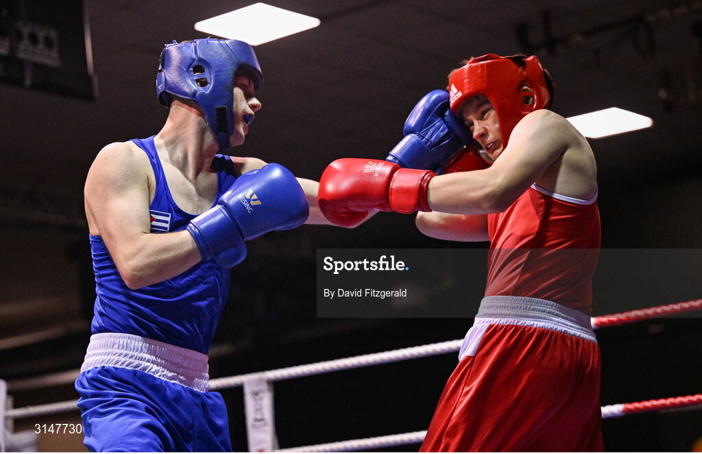 30 May 2025; Darren O’Toole of Jobstown BC, left, in action against Niall O’Driscoll of Muskerry BC during their bout at the 2025 National Senior Cadet Championship Finals at the National Boxing Stadium in Dublin. Photo by David Fitzgerald/Sportsfile
