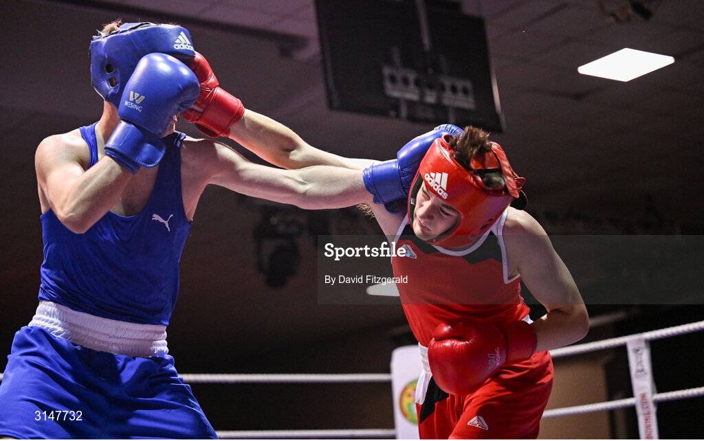 30 May 2025; Niall O’Driscoll of Muskerry BC, right, in action against Darren O’Toole of Jobstown BC during their bout at the 2025 National Senior Cadet Championship Finals at the National Boxing Stadium in Dublin. Photo by David Fitzgerald/Sportsfile