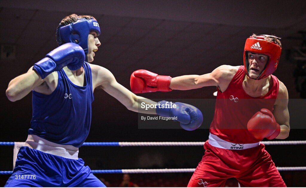 30 May 2025; Martin Sweeney of Galway BC, right, in action against Hughie Lee Nevin of Sacred Heart D during their bout at the 2025 National Senior Cadet Championship Finals at the National Boxing Stadium in Dublin. Photo by David Fitzgerald/Sportsfile