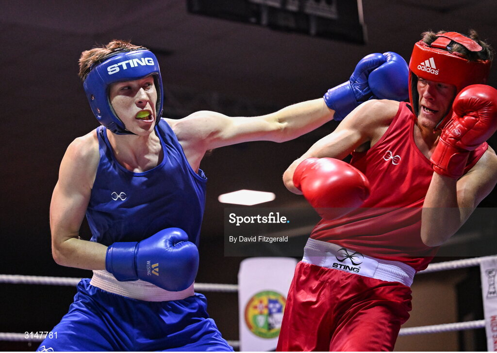 30 May 2025; Hughie Lee Nevin of Sacred Heart D, left, in action against Martin Sweeney of Galway BC during their bout at the 2025 National Senior Cadet Championship Finals at the National Boxing Stadium in Dublin. Photo by David Fitzgerald/Sportsfile