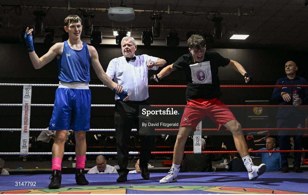 30 May 2025; Martin Sweeney of Galway BC, right, celebrates after winning his bout against Hughie Lee Nevin of Sacred Heart D during the 2025 National Senior Cadet Championship Finals at the National Boxing Stadium in Dublin. Photo by David Fitzgerald/Sportsfile