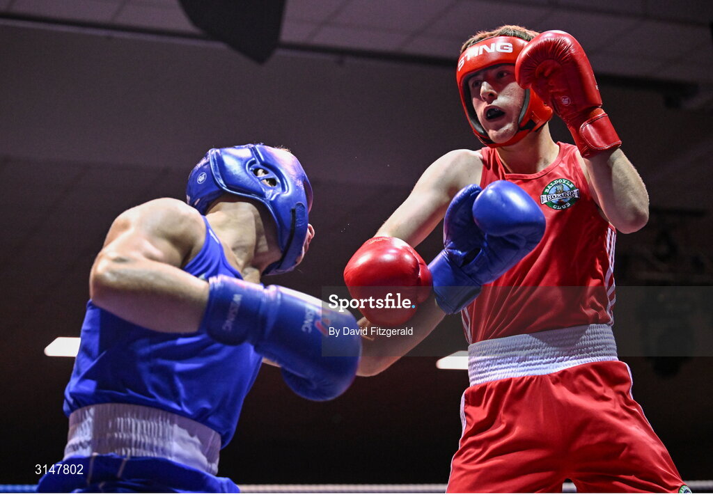 30 May 2025; Martin Collins of Baldoyle BC, right, in action against John Ward of Monivea BC during their bout at the 2025 National Senior Cadet Championship Finals at the National Boxing Stadium in Dublin. Photo by David Fitzgerald/Sportsfile