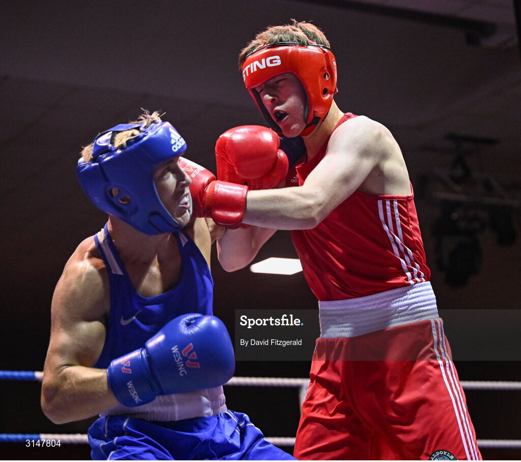 30 May 2025; Martin Collins of Baldoyle BC, right, in action against John Ward of Monivea BC during their bout at the 2025 National Senior Cadet Championship Finals at the National Boxing Stadium in Dublin. Photo by David Fitzgerald/Sportsfile