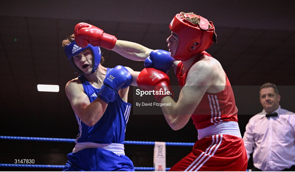 30 May 2025; Sean Doohan of Dunfanaghy BC, right, in action against Senan Kennedy of Cabra BC during their bout at the 2025 National Senior Cadet Championship Finals at the National Boxing Stadium in Dublin. Photo by David Fitzgerald/Sportsfile