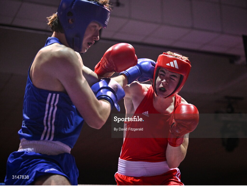 30 May 2025; Sean Doohan of Dunfanaghy BC, right, in action against Senan Kennedy of Cabra BC during their bout at the 2025 National Senior Cadet Championship Finals at the National Boxing Stadium in Dublin. Photo by David Fitzgerald/Sportsfile