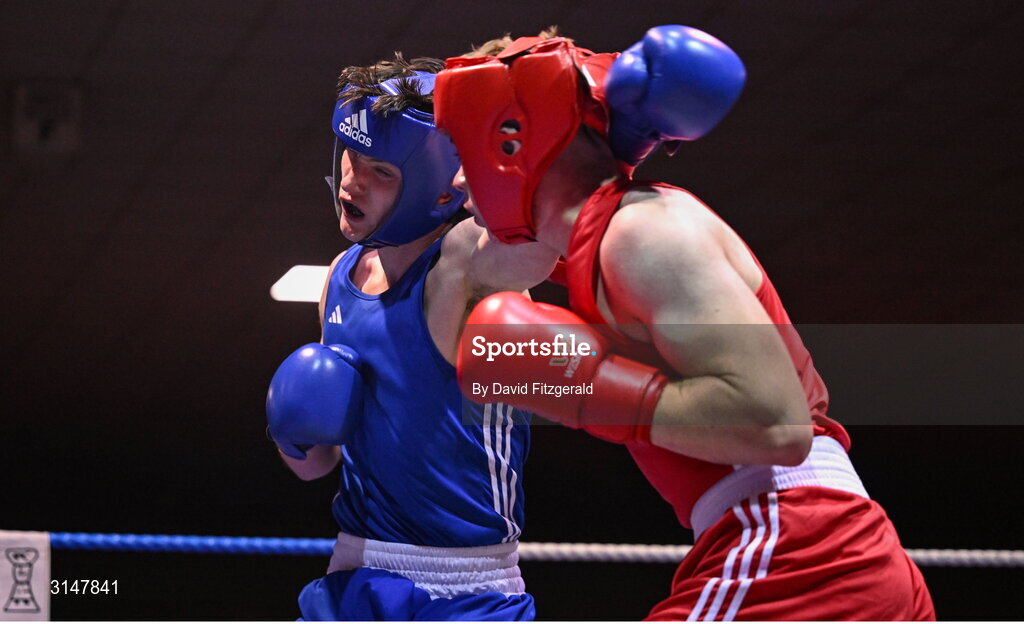 30 May 2025; Senan Kennedy of Cabra BC, left, in action against Sean Doohan of Dunfanaghy BC during their bout at the 2025 National Senior Cadet Championship Finals at the National Boxing Stadium in Dublin. Photo by David Fitzgerald/Sportsfile