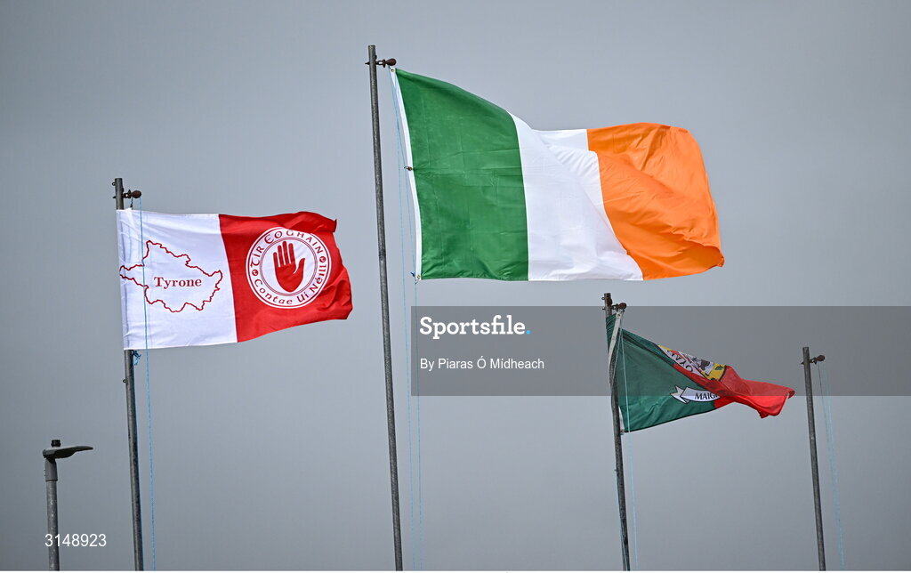 31 May 2025; The flags of Tyrone GAA, the Irish Tricolour and the Tyrone GAA flag before the GAA Football All-Ireland Senior Championship Round 2 match between Tyrone and Mayo at O'Neills Healy Park in Omagh, Tyrone. Photo by Piaras Ó Mídheach/Sportsfile