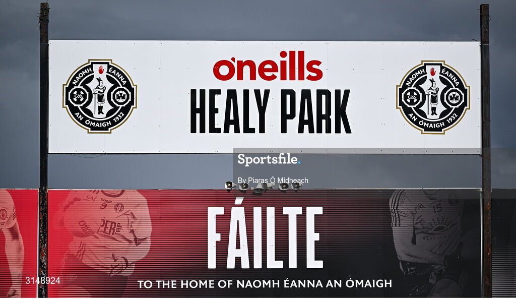 31 May 2025; A general view of signage at the GAA Football All-Ireland Senior Championship Round 2 match between Tyrone and Mayo at O'Neills Healy Park in Omagh, Tyrone. Photo by Piaras Ó Mídheach/Sportsfile