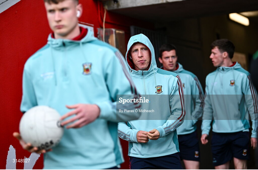 31 May 2025; Ryan O'Donoghue of Mayo, centre, makes his way to walk the pitch before the GAA Football All-Ireland Senior Championship Round 2 match between Tyrone and Mayo at O'Neills Healy Park in Omagh, Tyrone. Photo by Piaras Ó Mídheach/Sportsfile