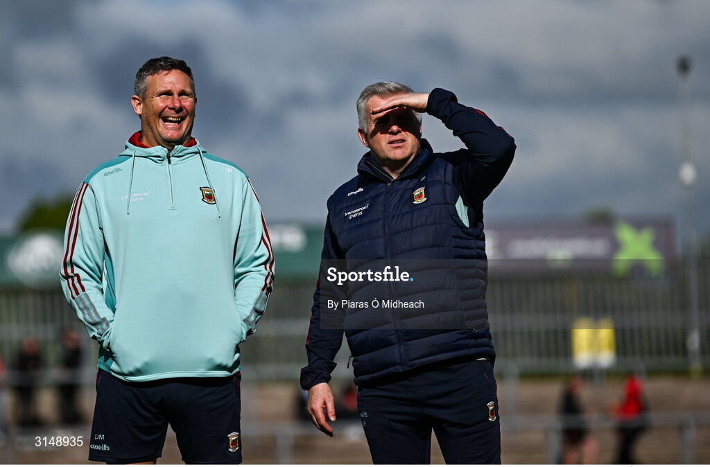 31 May 2025; Acting Mayo manager Stephen Rochford, right, and Mayo selector Damien Mulligan before the GAA Football All-Ireland Senior Championship Round 2 match between Tyrone and Mayo at O'Neills Healy Park in Omagh, Tyrone. Photo by Piaras Ó Mídheach/Sportsfile