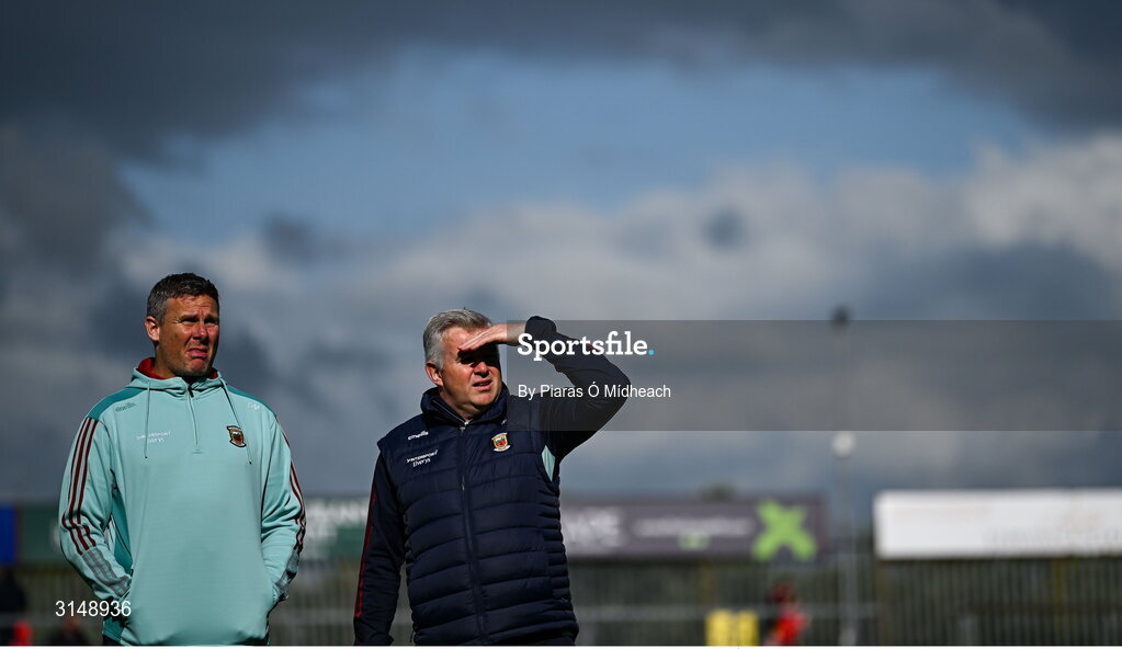 31 May 2025; Acting Mayo manager Stephen Rochford, right, and Mayo selector Damien Mulligan before the GAA Football All-Ireland Senior Championship Round 2 match between Tyrone and Mayo at O'Neills Healy Park in Omagh, Tyrone. Photo by Piaras Ó Mídheach/Sportsfile
