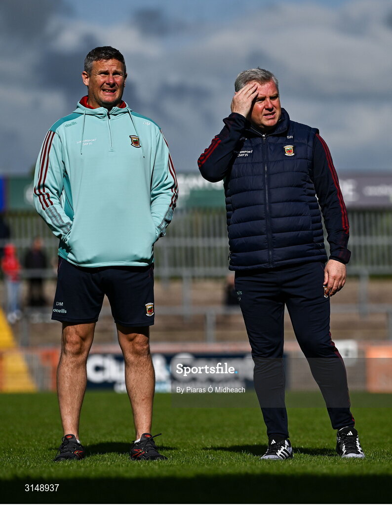 31 May 2025; Acting Mayo manager Stephen Rochford, right, and Mayo selector Damien Mulligan before the GAA Football All-Ireland Senior Championship Round 2 match between Tyrone and Mayo at O'Neills Healy Park in Omagh, Tyrone. Photo by Piaras Ó Mídheach/Sportsfile