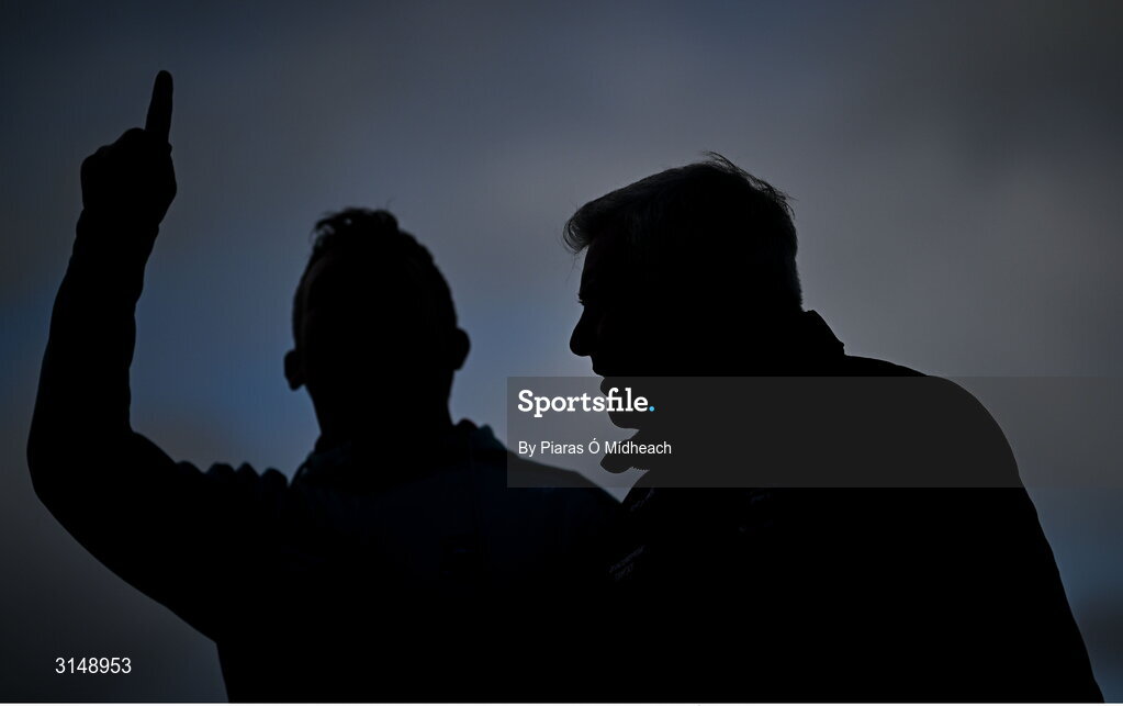 31 May 2025; Acting Mayo manager Stephen Rochford, right, and Mayo selector Damien Mulligan before the GAA Football All-Ireland Senior Championship Round 2 match between Tyrone and Mayo at O'Neills Healy Park in Omagh, Tyrone. Photo by Piaras Ó Mídheach/Sportsfile