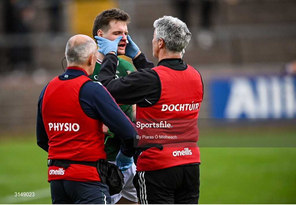 31 May 2025; Matthew Ruane of Mayo receives medical attention for an injury before the GAA Football All-Ireland Senior Championship Round 2 match between Tyrone and Mayo at O'Neills Healy Park in Omagh, Tyrone. Photo by Piaras Ó Mídheach/Sportsfile