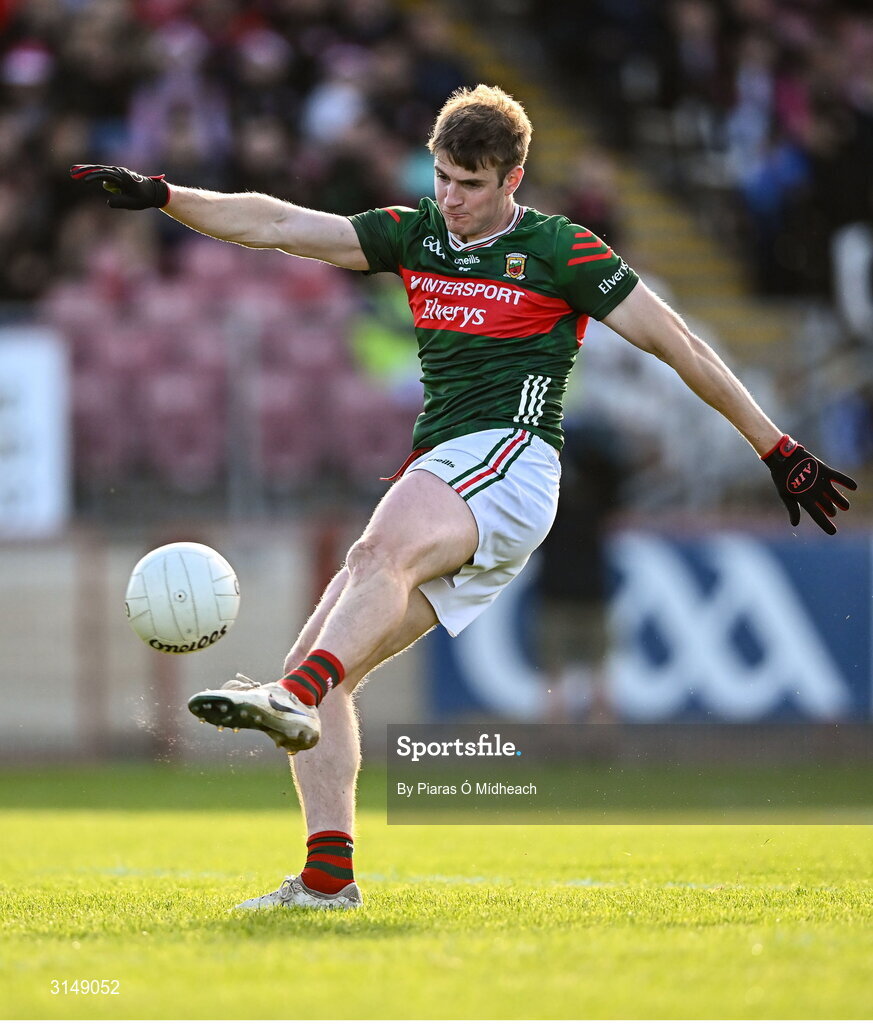 31 May 2025; Rory Brickenden of Mayo scores a point from a goal chance in the first half during the GAA Football All-Ireland Senior Championship Round 2 match between Tyrone and Mayo at O'Neills Healy Park in Omagh, Tyrone. Photo by Piaras Ó Mídheach/Sportsfile