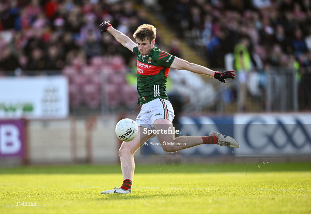 31 May 2025; Rory Brickenden of Mayo scores a point from a goal chance in the first half during the GAA Football All-Ireland Senior Championship Round 2 match between Tyrone and Mayo at O'Neills Healy Park in Omagh, Tyrone. Photo by Piaras Ó Mídheach/Sportsfile
