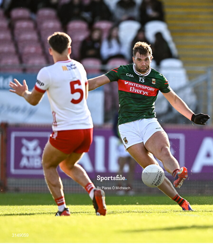 31 May 2025; Aidan O’Shea of Mayo shoots wide from a first half goal chance during the GAA Football All-Ireland Senior Championship Round 2 match between Tyrone and Mayo at O'Neills Healy Park in Omagh, Tyrone. Photo by Piaras Ó Mídheach/Sportsfile