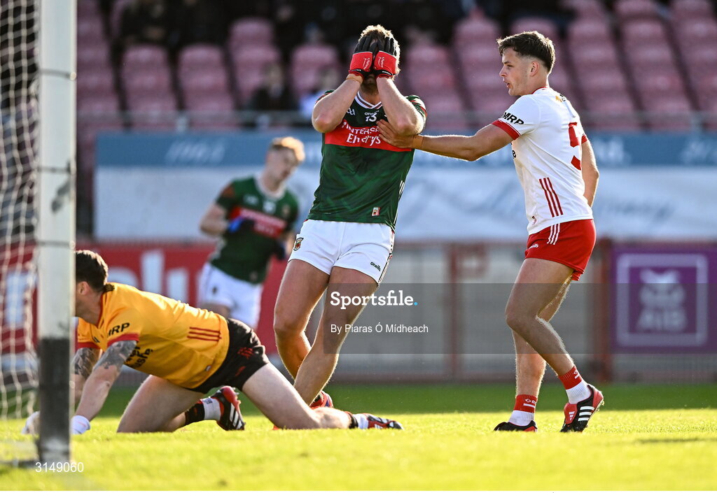 31 May 2025; Aidan O’Shea of Mayo reacts after shooting wide from a first half goal chance during the GAA Football All-Ireland Senior Championship Round 2 match between Tyrone and Mayo at O'Neills Healy Park in Omagh, Tyrone. Photo by Piaras Ó Mídheach/Sportsfile