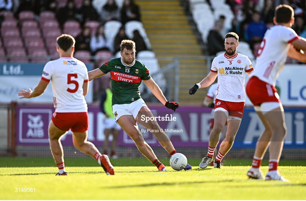 31 May 2025; Aidan O’Shea of Mayo shoots wide from a first half goal chance during the GAA Football All-Ireland Senior Championship Round 2 match between Tyrone and Mayo at O'Neills Healy Park in Omagh, Tyrone. Photo by Piaras Ó Mídheach/Sportsfile