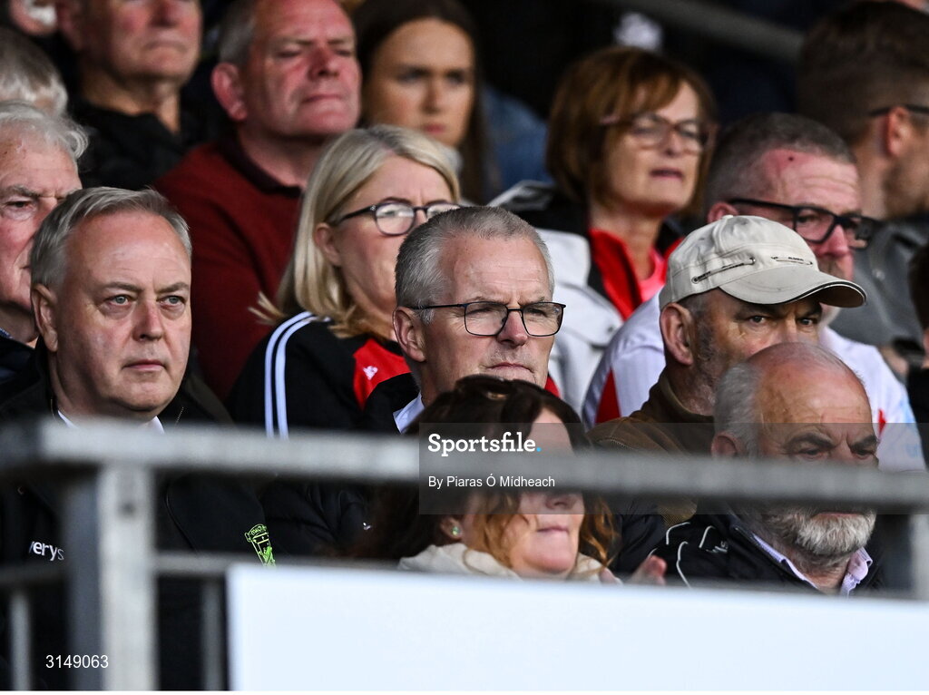 31 May 2025; Mayo GAA Chairman Séamus Tuohy, centre, in attendance at the GAA Football All-Ireland Senior Championship Round 2 match between Tyrone and Mayo at O'Neills Healy Park in Omagh, Tyrone. Photo by Piaras Ó Mídheach/Sportsfile