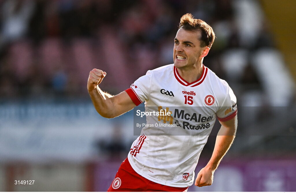 31 May 2025; Darragh Canavan of Tyrone celebrates scoring his side's first goal during the GAA Football All-Ireland Senior Championship Round 2 match between Tyrone and Mayo at O'Neills Healy Park in Omagh, Tyrone. Photo by Piaras Ó Mídheach/Sportsfile
