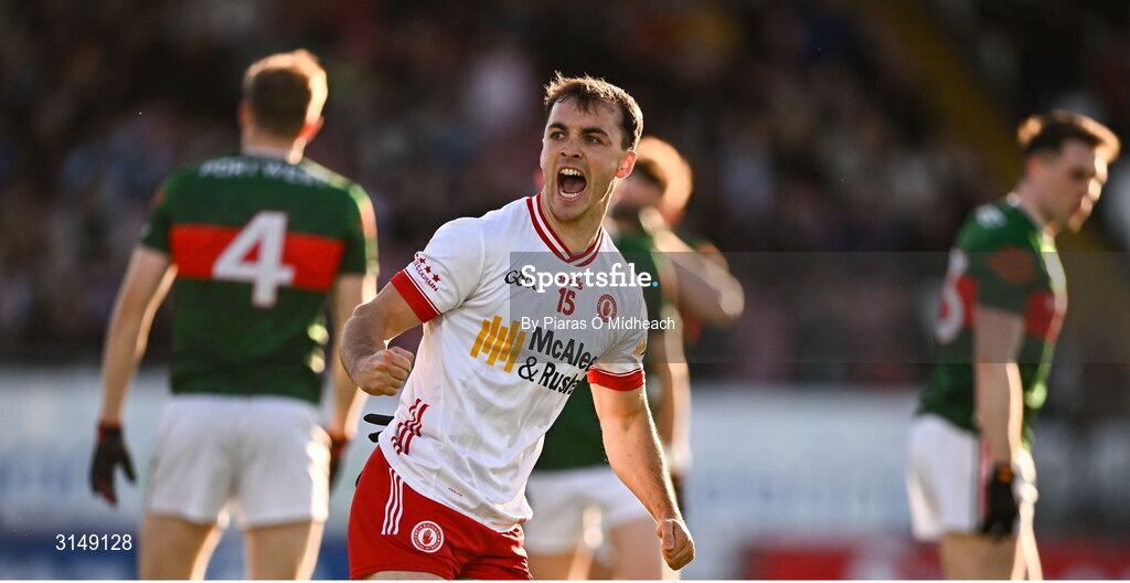 31 May 2025; Darragh Canavan of Tyrone celebrates scoring his side's first goal during the GAA Football All-Ireland Senior Championship Round 2 match between Tyrone and Mayo at O'Neills Healy Park in Omagh, Tyrone. Photo by Piaras Ó Mídheach/Sportsfile
