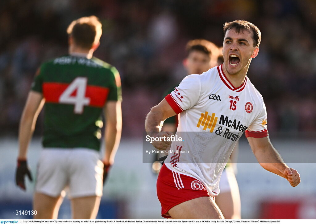 31 May 2025; Darragh Canavan of Tyrone celebrates scoring his side's first goal during the GAA Football All-Ireland Senior Championship Round 2 match between Tyrone and Mayo at O'Neills Healy Park in Omagh, Tyrone. Photo by Piaras Ó Mídheach/Sportsfile