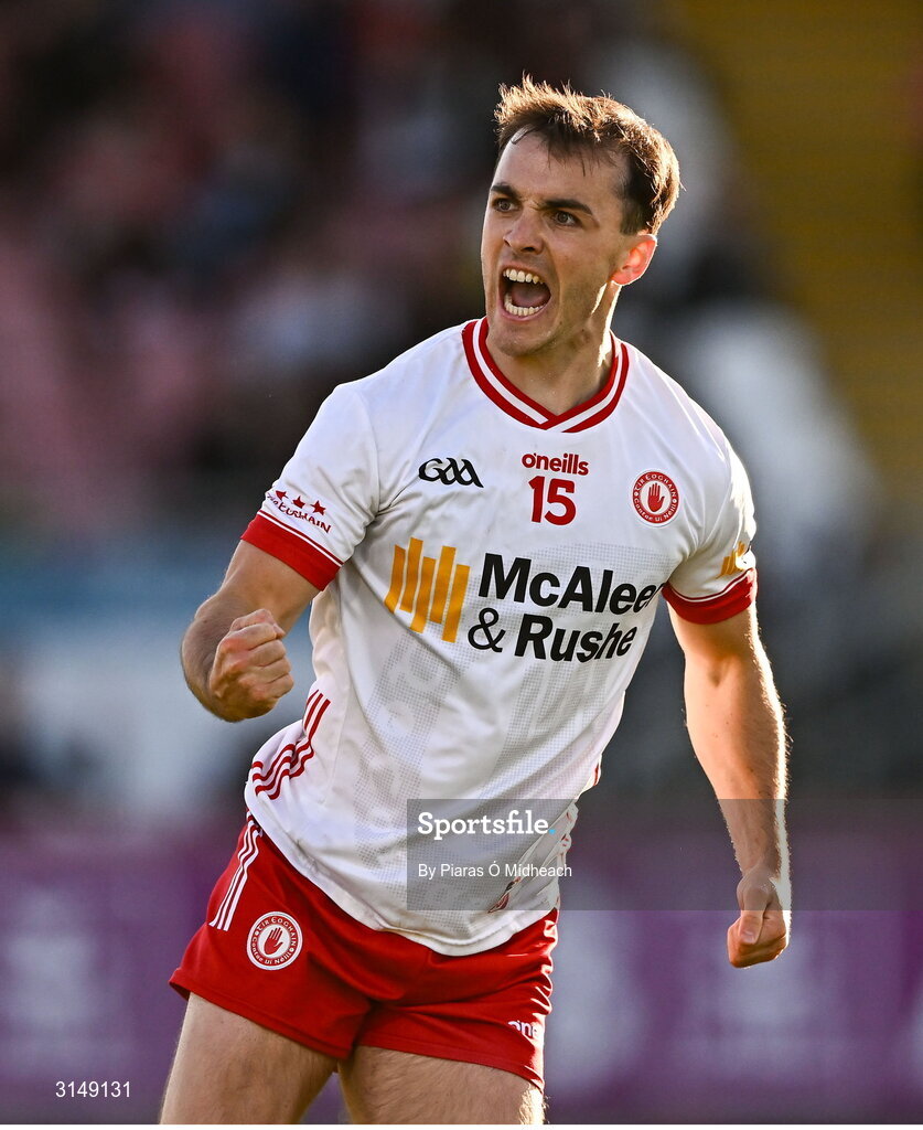 31 May 2025; Darragh Canavan of Tyrone celebrates scoring his side's first goal during the GAA Football All-Ireland Senior Championship Round 2 match between Tyrone and Mayo at O'Neills Healy Park in Omagh, Tyrone. Photo by Piaras Ó Mídheach/Sportsfile