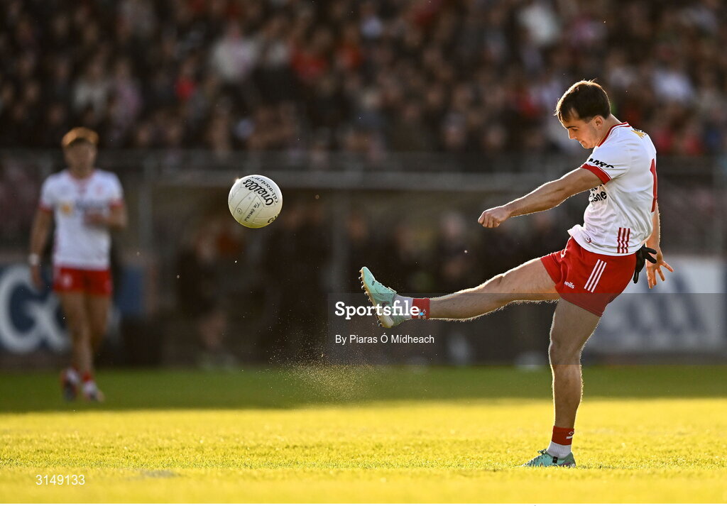 31 May 2025; Darragh Canavan of Tyrone scores a point during the GAA Football All-Ireland Senior Championship Round 2 match between Tyrone and Mayo at O'Neills Healy Park in Omagh, Tyrone. Photo by Piaras Ó Mídheach/Sportsfile