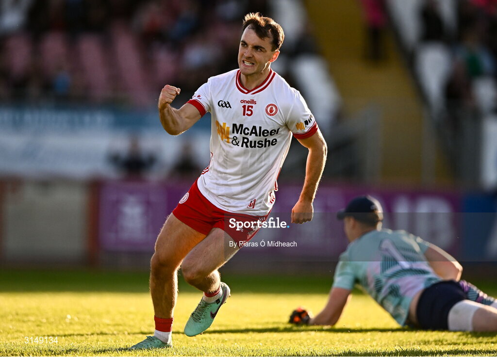 31 May 2025; Darragh Canavan of Tyrone celebrates scoring his side's first goal during the GAA Football All-Ireland Senior Championship Round 2 match between Tyrone and Mayo at O'Neills Healy Park in Omagh, Tyrone. Photo by Piaras Ó Mídheach/Sportsfile