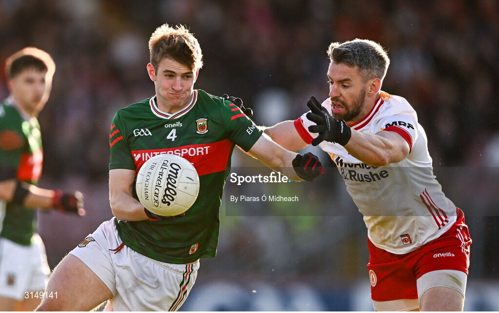 31 May 2025; Rory Brickenden of Mayo in action against Mattie Donnelly of Tyrone during the GAA Football All-Ireland Senior Championship Round 2 match between Tyrone and Mayo at O'Neills Healy Park in Omagh, Tyrone. Photo by Piaras Ó Mídheach/Sportsfile