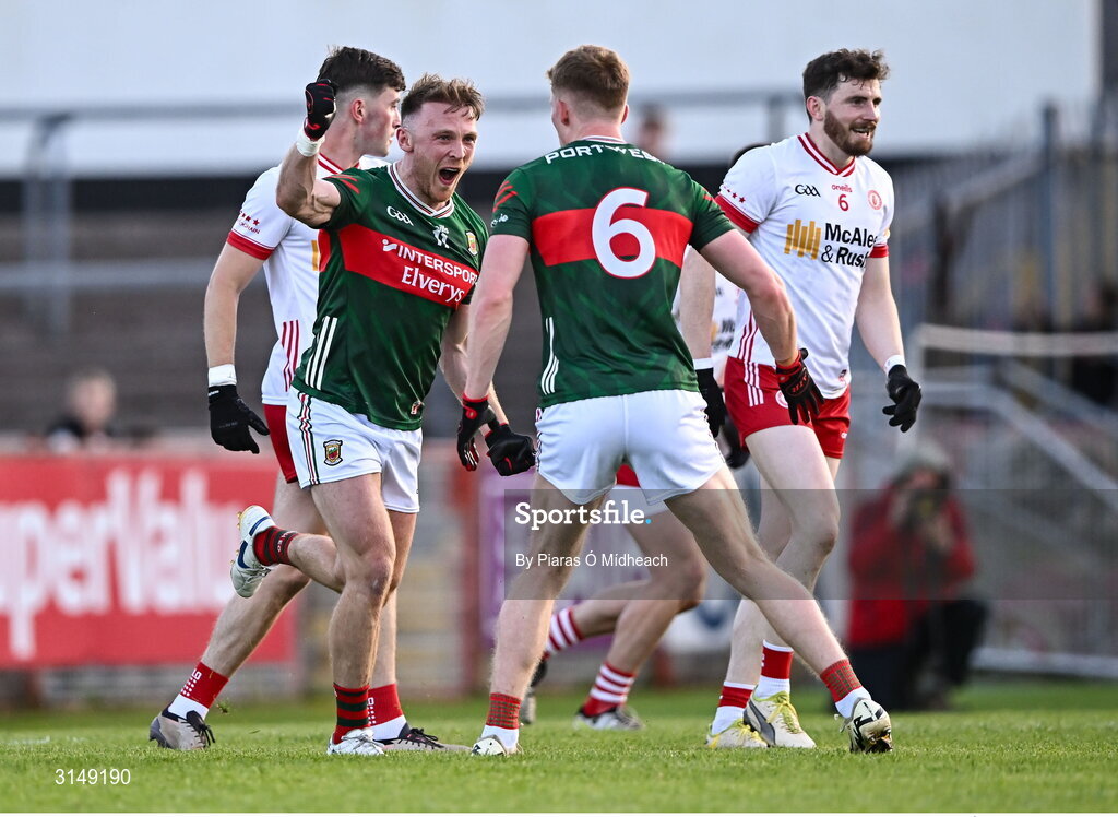 31 May 2025; Darren McHale of Mayo celebrates scoring his side's first goal during the GAA Football All-Ireland Senior Championship Round 2 match between Tyrone and Mayo at O'Neills Healy Park in Omagh, Tyrone. Photo by Piaras Ó Mídheach/Sportsfile