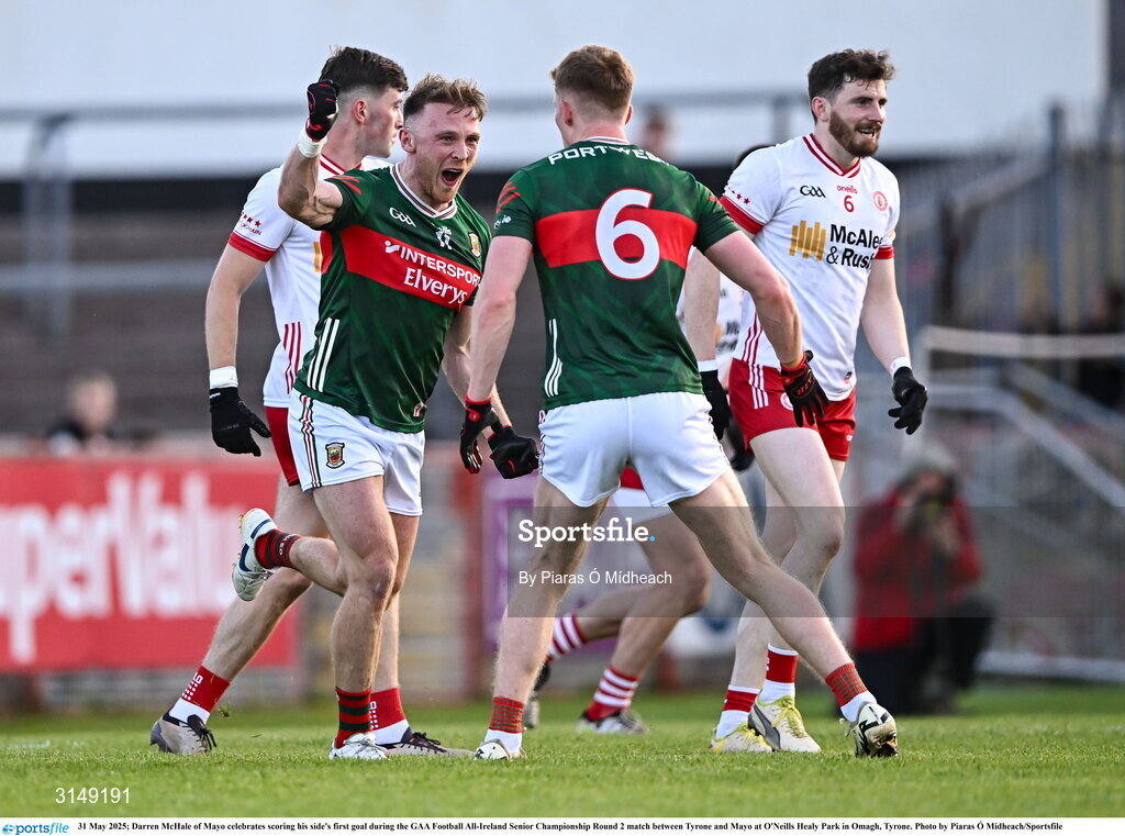31 May 2025; Darren McHale of Mayo celebrates scoring his side's first goal during the GAA Football All-Ireland Senior Championship Round 2 match between Tyrone and Mayo at O'Neills Healy Park in Omagh, Tyrone. Photo by Piaras Ó Mídheach/Sportsfile