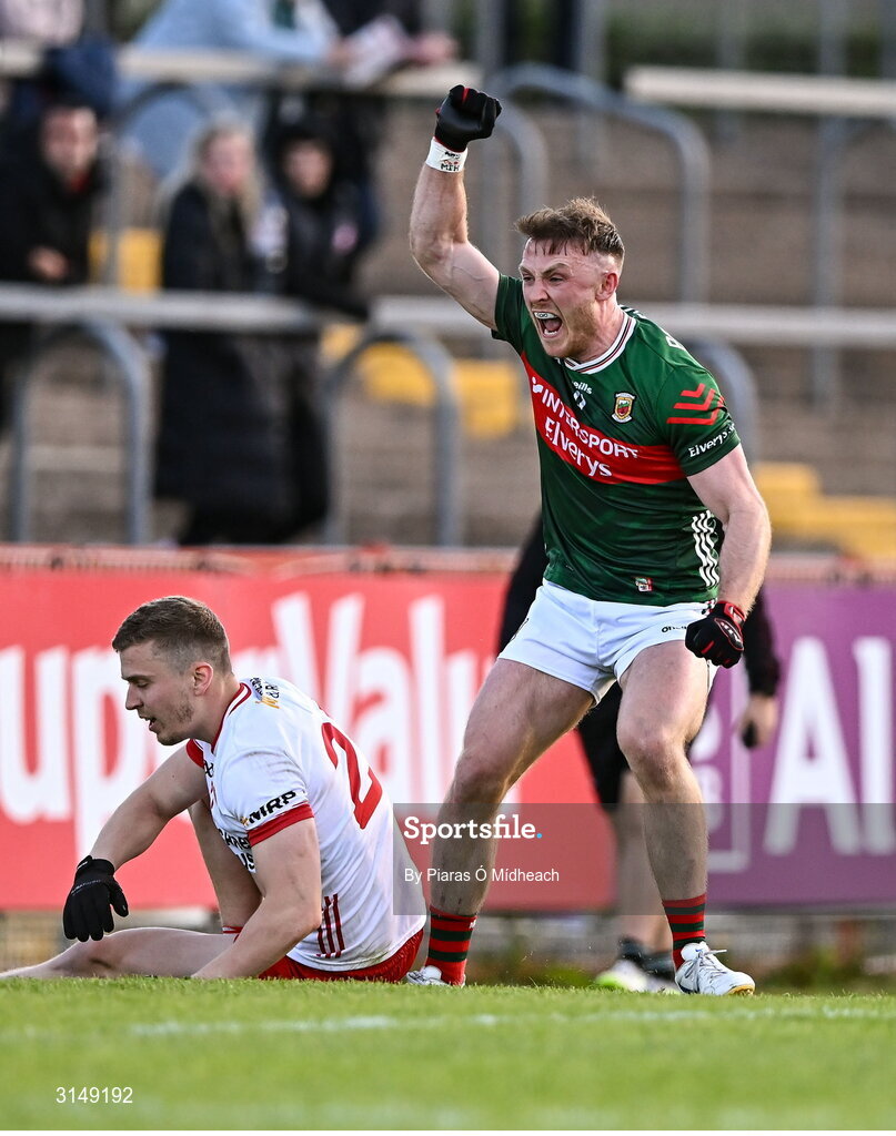 31 May 2025; Darren McHale of Mayo celebrates scoring his side's first goal during the GAA Football All-Ireland Senior Championship Round 2 match between Tyrone and Mayo at O'Neills Healy Park in Omagh, Tyrone. Photo by Piaras Ó Mídheach/Sportsfile