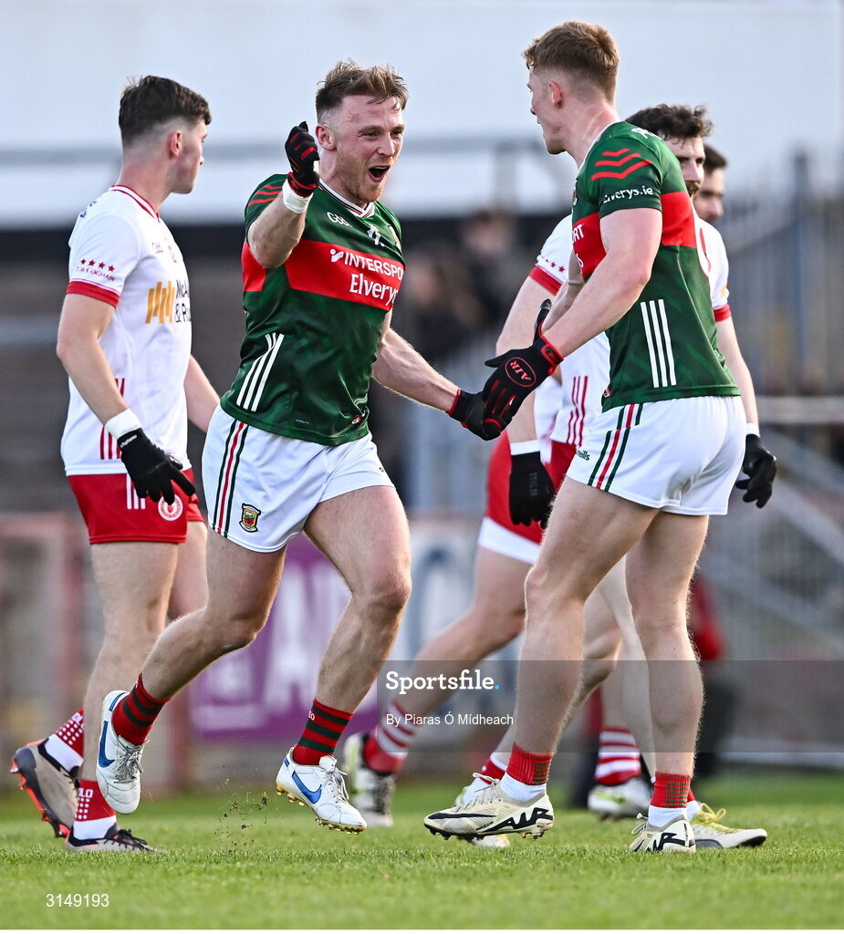 31 May 2025; Darren McHale of Mayo celebrates scoring his side's first goal during the GAA Football All-Ireland Senior Championship Round 2 match between Tyrone and Mayo at O'Neills Healy Park in Omagh, Tyrone. Photo by Piaras Ó Mídheach/Sportsfile
