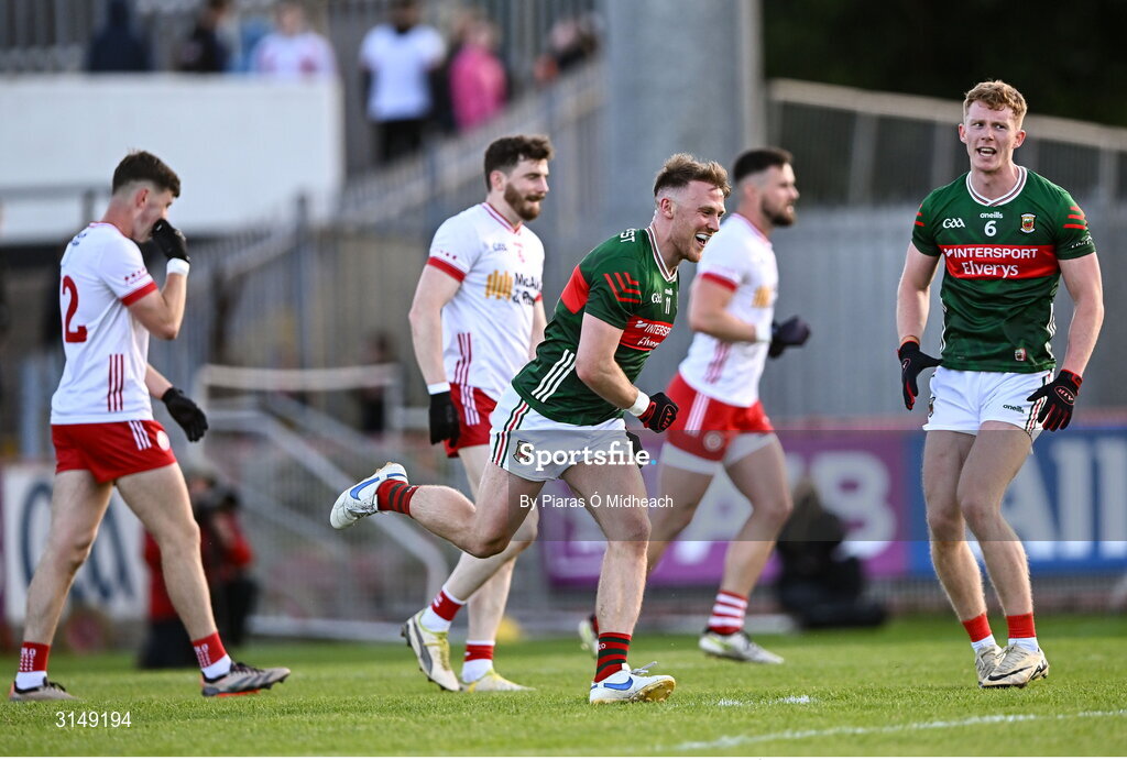 31 May 2025; Darren McHale of Mayo celebrates scoring his side's first goal during the GAA Football All-Ireland Senior Championship Round 2 match between Tyrone and Mayo at O'Neills Healy Park in Omagh, Tyrone. Photo by Piaras Ó Mídheach/Sportsfile